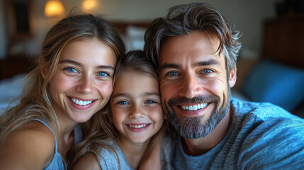 Fototapeta premium Portrait of family taking selfie in bedroom, happy expression.