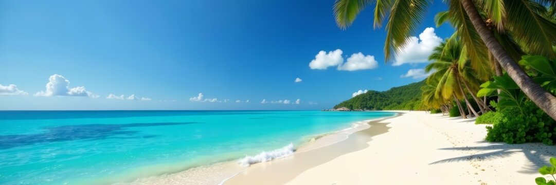 Sandy shore at Escambron Beach with turquoise waters and palm trees, Caribbean, waves