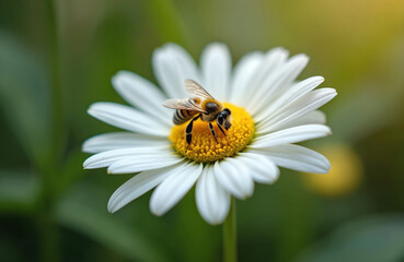 Fototapeta premium Wild bee pollinates daisy flower. Insect on a flower in nature. Fauna details with focus on insect, botany, bloom, summer, spring, garden, natural environment. Close-up photo of a flower with a bee.