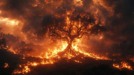 Fototapeta premium A biblical scene where fire is used as a symbol of purification and divine presence, like the burning bush and the fire on Mount Carmel, to illustrate the positive connotations of fire in the Bible.
