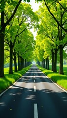 Fototapeta premium Scenic asphalt road running through vibrant green trees in full bloom during spring season, spring, bloom, green