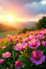 Obraz premium Scenic landscape of blooming pink flowers under the early morning sun, meadow, nature