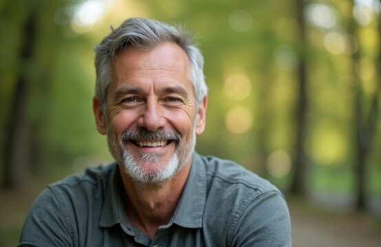 Middle-aged man with grey hair beard smiling at camera in park. Positive portrait of mature male. Green background, blurred bokeh lights, natural lighting. Headshot, outdoor photoshoot, daylight,