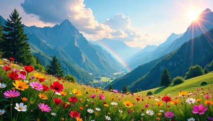 Fototapeta premium Scenic view of majestic mountains with blooming wildflowers under a rainbow, view, landscape, wildflowers
