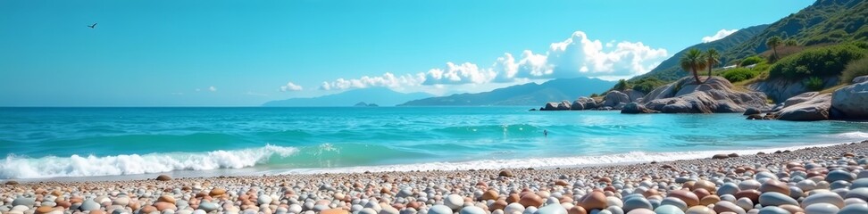 Fototapeta premium Scenic view of pebble beach under clear blue sky, pebble, sky