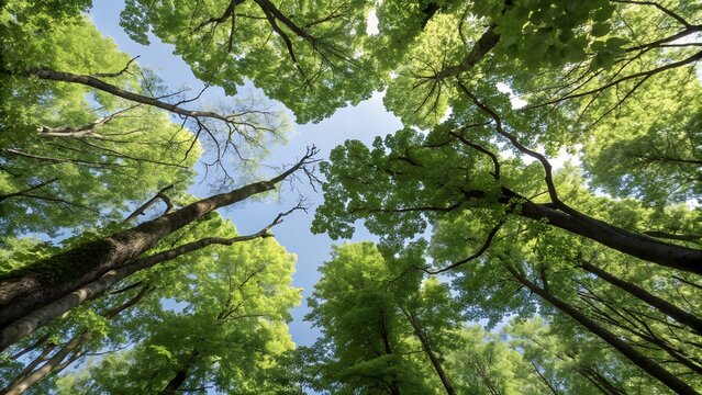 A photo taken from the ground looking up at a dense forest canopy, with tall trees with green leaves reaching up towards the sky. 