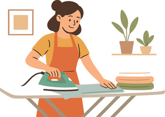 Woman ironing laundry at home, household chores concept for domestic life illustration