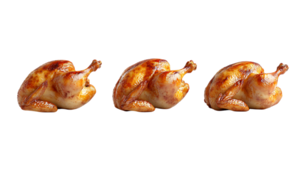 Pack Roasted Chicken Set of Three in Different Poses Against Transparent Background for Food Promotion, Restaurant Branding, or Culinary Advertising
