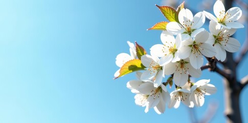 Obraz premium Scenic view of white flowering cherry tree under clear blue sky, vibrant, outdoor, tranquility