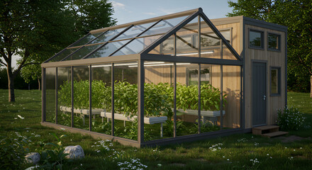 Obraz premium Innovative Tiny Home Greenhouse Addition With Hydroponic Planters On A Lawn