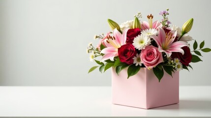 A delightful arrangement of pink and red blossoms nestled in a pale pink box, perfect for a special occasion