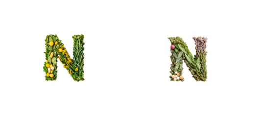 N letters made from fresh and dry herbs and medicine, cut out transparent