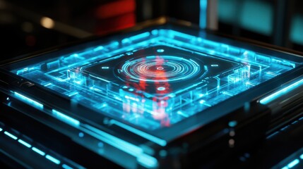 Obraz premium Close-up of Glowing Holograms on Futuristic Quantum