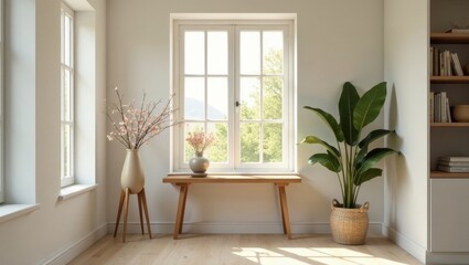 Bright sunlight illuminates a tranquil interior scene featuring a wooden bench, potted plants, and delicate floral arrangements in minimalist vases, creating a serene and peaceful atmosphere.