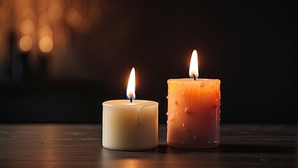 A lit candle with a bright orange flame sits atop a white surface