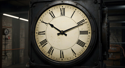 Vintage Industrial Clock Showing Time, Antique Mechanism Design Elements