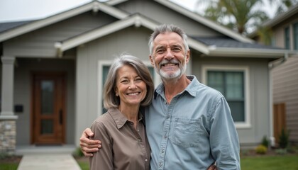 Senior couple happily pose in front of their modern home. Elderly man, woman embrace each other smiling. Front view of a house, real estate, residential property. Husband and wife retirement together.