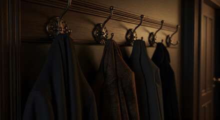 Ornate Wall Hooks Adorned with Vintage Coats for Home Decor Sales