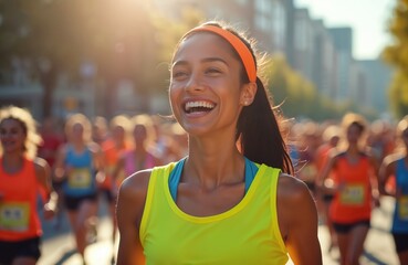 Smiling woman runs charity marathon with crowd. Happy runner smiles. People running on road in city, supporting health. Marathon participants. Sport race. Fitness activity. Sunny event. Community.