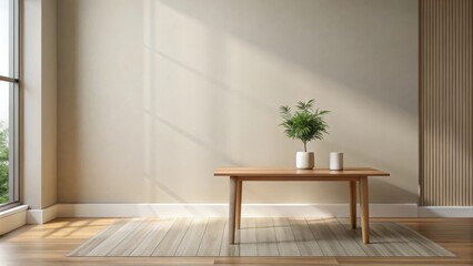 Fototapeta premium Minimalist interior design sunlit room with wooden table, potted plant, and neutral wall