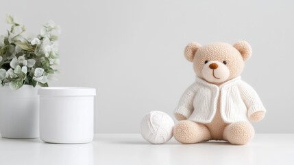 Teddy Bear with Yarn and Decor Minimalist Soft Lighting, Close-up Studio Shot, Knitted Sweater Detail, Sitting Pose, Neutral Nursery Scene, Calm Serene Mood, Ideal for Baby Product Ads