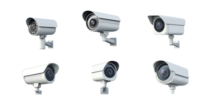 Pack Surveillance Camera Set in Different Poses on Transparent Background for Security, Technology, and Safety-Themed Designs