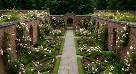 Naklejka premium Tranquil Victorian Walled Garden With Symmetrical Flower Beds At Summertime