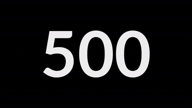 Number counter animation from zero to five hundred on a transparent background, Counting Numbers from 0 to 500 on a black background with alpha channel, Number slider from 0 to 500 animation
