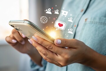 Person using a smartphone with social media icons, representing digital communication and connection.