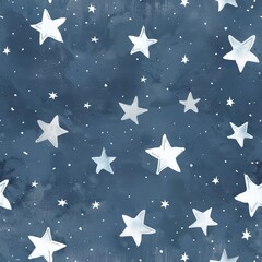 Seamless pattern with watercolor white stars on blue background drawing abstract kids illustration