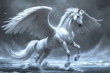 Obraz premium Majestic winged horse, soaring above the waves