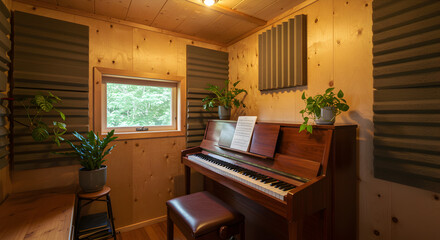 Cozy Wooden Music Corner With Compact Piano And Soundproofing Panels