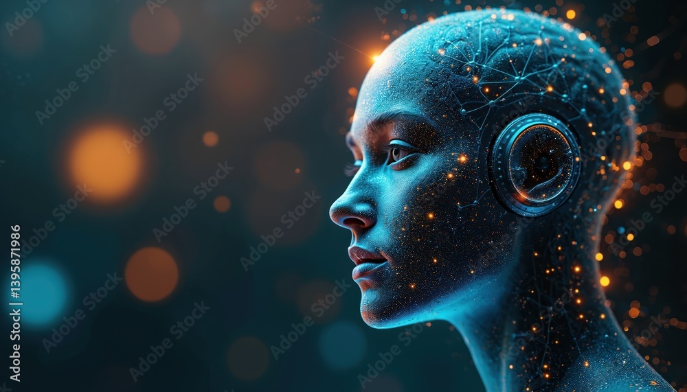 Poster artificially intelligent human face with tech details, lights. science concept illustration represen