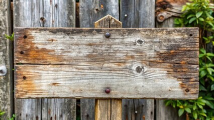 Obraz premium Rustic Weathered Wooden Signboard with Blank Space for Text on Aged Fence Post