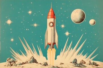 Obraz premium Vintage Comic Book-Style Rocket Launching Into a Starry Sky With Planets and Celestial Bodies in the Background