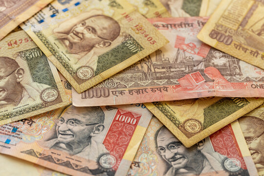 Indian rupees, Old banknotes, retired Indian money one thousand and five hundred rupees. Financial concept. close up
