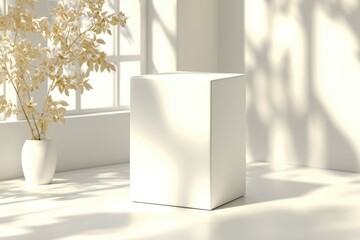 Architectural Pedestal Illuminated by a Spotlight, Surrounded by Soft Natural Light and Elegant Decor