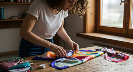 Creative Woman Designing Vibrant Scarves At A Brightly Lit Workspace