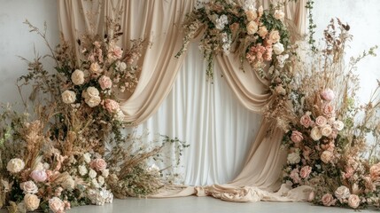 A beautiful wedding backdrop with flowers and plants, flowers in pink, cream, and beige colors