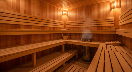 Inviting Cedar Sauna Interior With Benches And Steam Generator