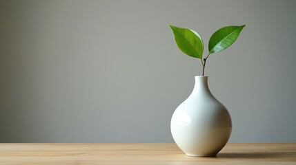 a white vase with a single green leaf, placed on a spotless wooden table.