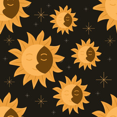 Esoteric seamless pattern with sun and moon faces and celestial stars in boho flat style on dark background, perfect for spiritual designs, witchy branding, astrology-themed products