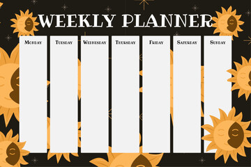 Celestial weekly planner template with sun and moon face pattern on dark background in flat boho style, ideal for spiritual organization, witchy bullet journals, astrology planners.