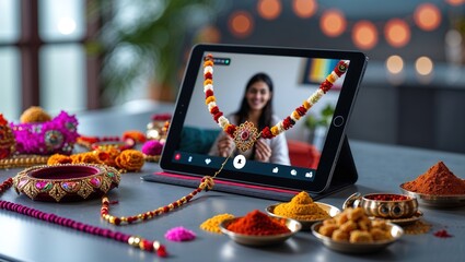 A family member participates in a virtual Raksha Bandhan celebration, displaying a beautifully crafted rakhi and traditional sweets amidst vibrant colors and festive decorations