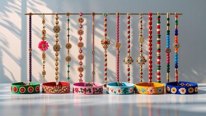 A vibrant array of handmade rakhis showcased on a decorative stand, representing the festive spirit of Raksha Bandhan as families prepare for the celebration of sibling bonds and love