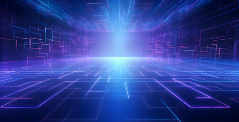 Blue background with digital data flowing in the center, blue gradient background, blue and purple color scheme,