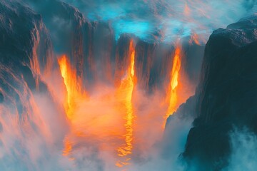 Fototapeta premium A surreal mountain pass drowning in pastel mists of orange and blue, with glowing reflections catching the sunlight.
