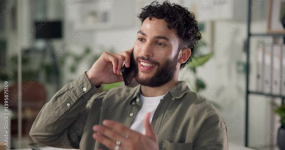Aufkleber Man, phone call and negotiation in office with discussion for project management at web design company. Person, smartphone and smile with agreement, review and feedback explanation at creative agency