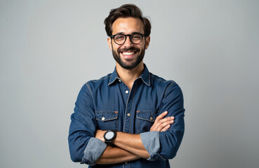 Fototapeta premium Handsome man with crossed arms smiles. Happy male in denim shirt, glasses, smartwatch stands. Young caucasian business guy portrait in studio, confident look.