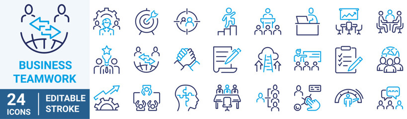 Business team web blue line icons. Business strategy. Business Management. Vision, Mission, Values, Human Resource. Editable stroke.